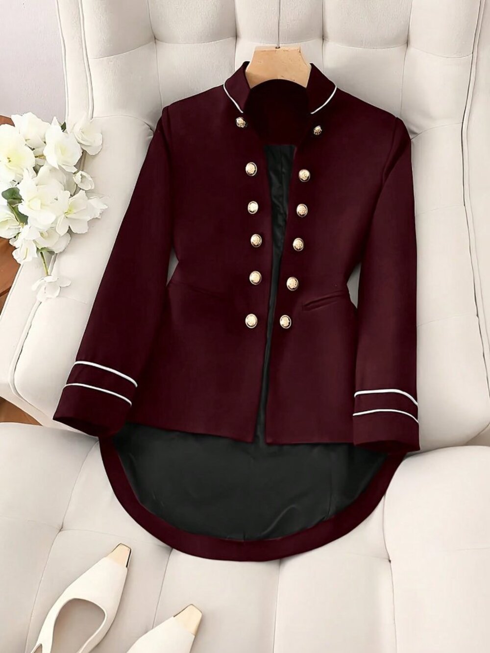 Burgundy Elegant Women's Slim Fit Blazer - Picture 2 of 6